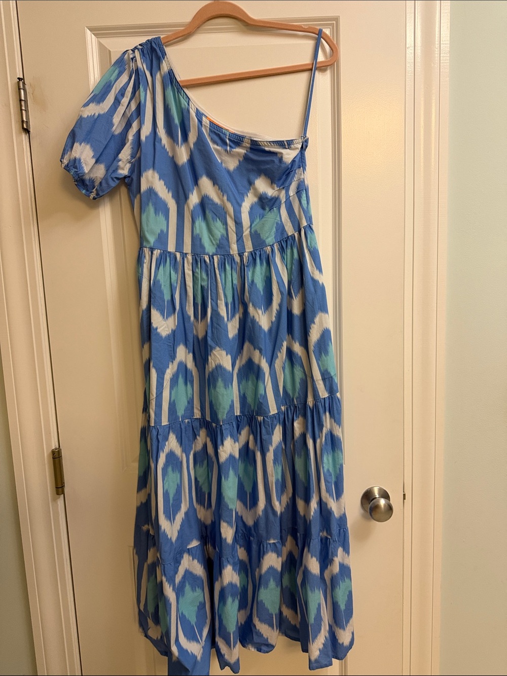 Oliphant Blue and White One-Shoulder Tiered Maxi Dress